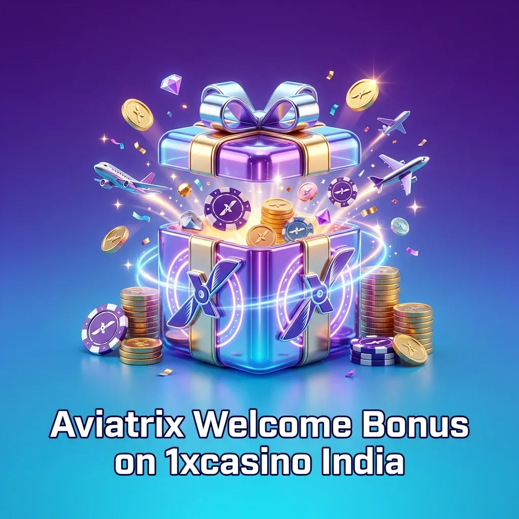 Aviatrix welcome bonus ad on 1xcasino India: up to ₹200000 and 380 free spins for new players, with steps to claim in the app.
