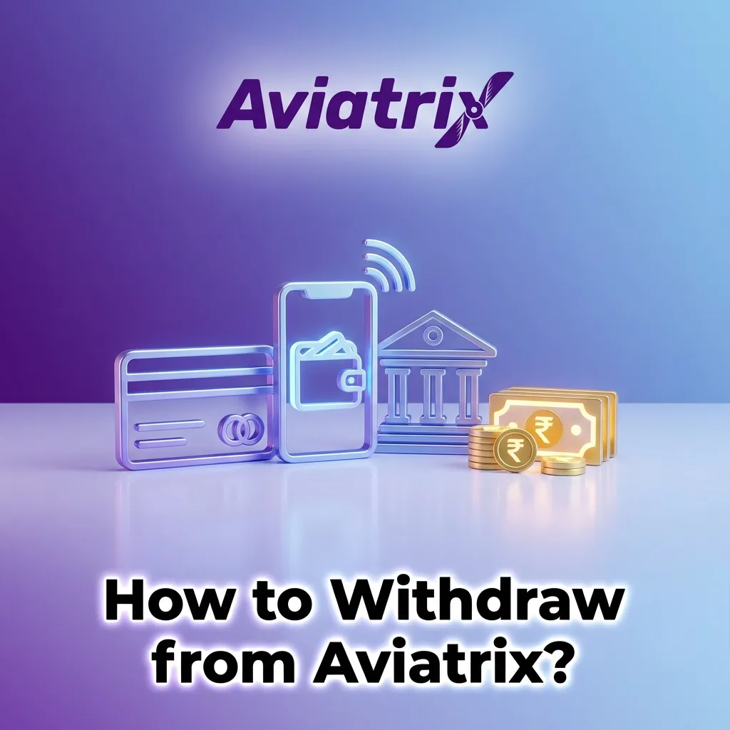 Illustrated guide screen showing Aviatrix withdrawal steps from app cashier to funds arriving in bank or UPI