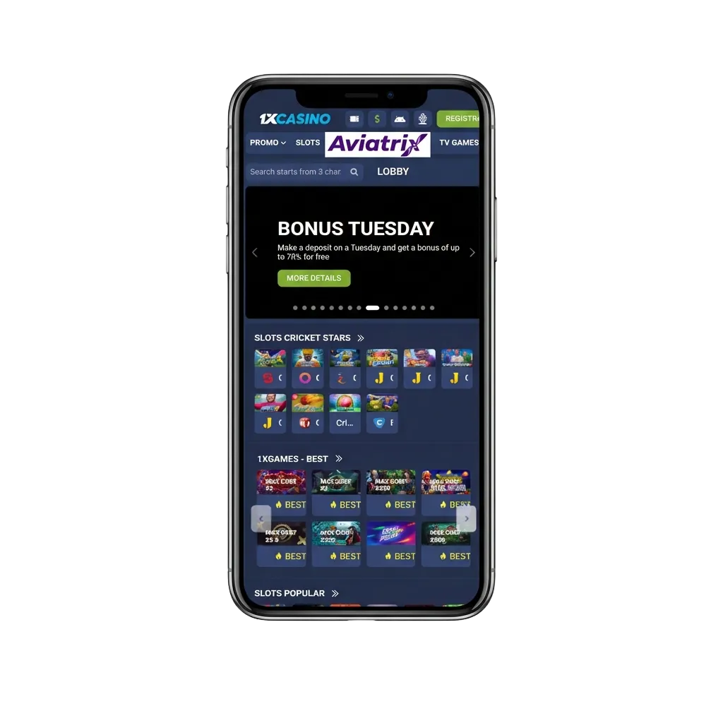 Smartphone showing 1xcasino Aviatrix crash game app interface for Android and iOS users in India