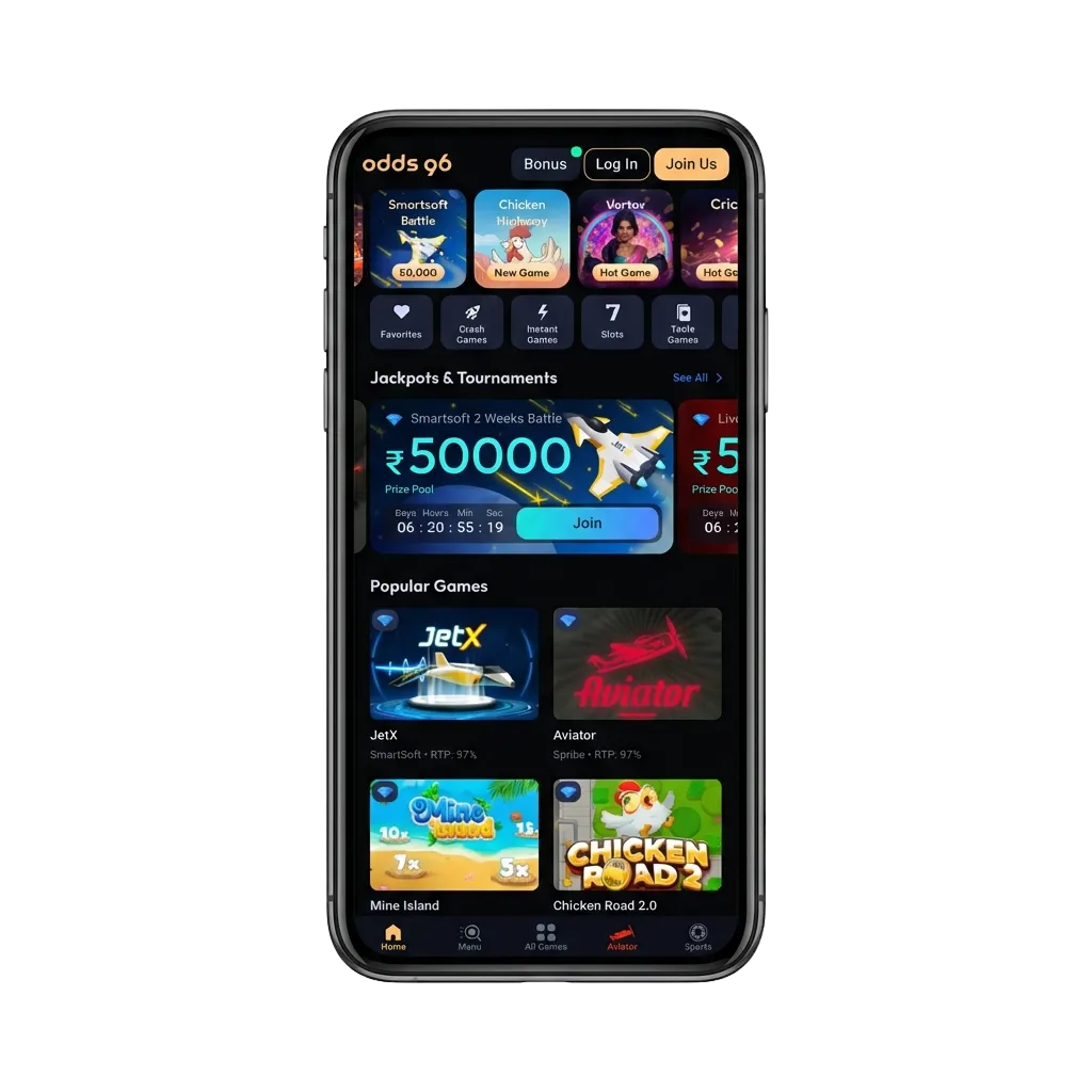 Smartphone screen showing the Odds96 Aviatrix crash game interface, mirroring the desktop version for Indian mobile players