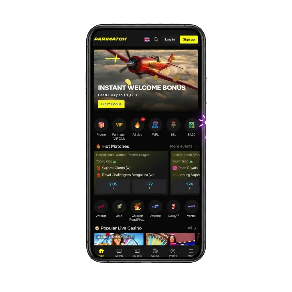 Smartphone showing Parimatch Aviatrix crash game interface with multiplier, cashout button, and balance on screen