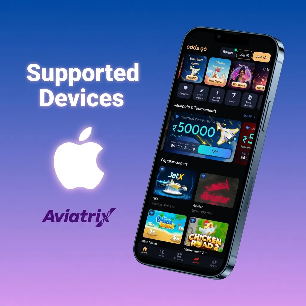 Chart of Apple devices that smoothly run Odds96 Aviatrix iOS app, listing iPhone 11–15, SE, and recent iPads