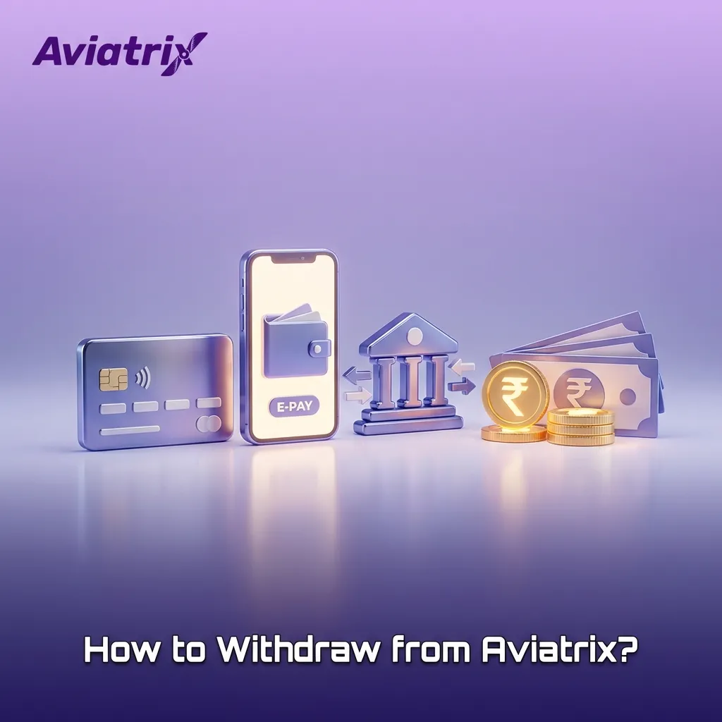 Illustrated guide showing Aviatrix app withdrawal steps, payout options, KYC requirement, and funds transferring to user’s account
