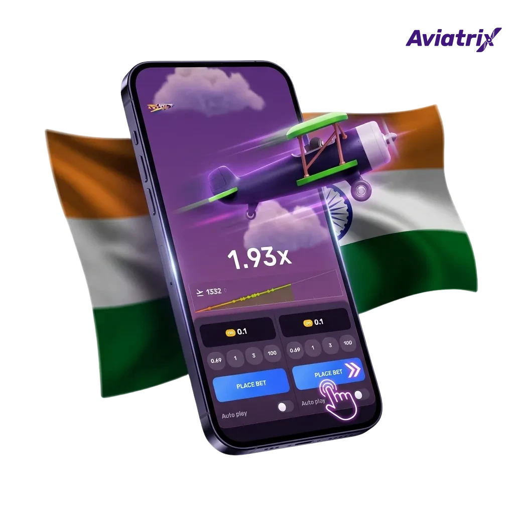 Phone screen showing Aviatrix crash game app with rupee bets, bonuses, and welcome offer for Indian players